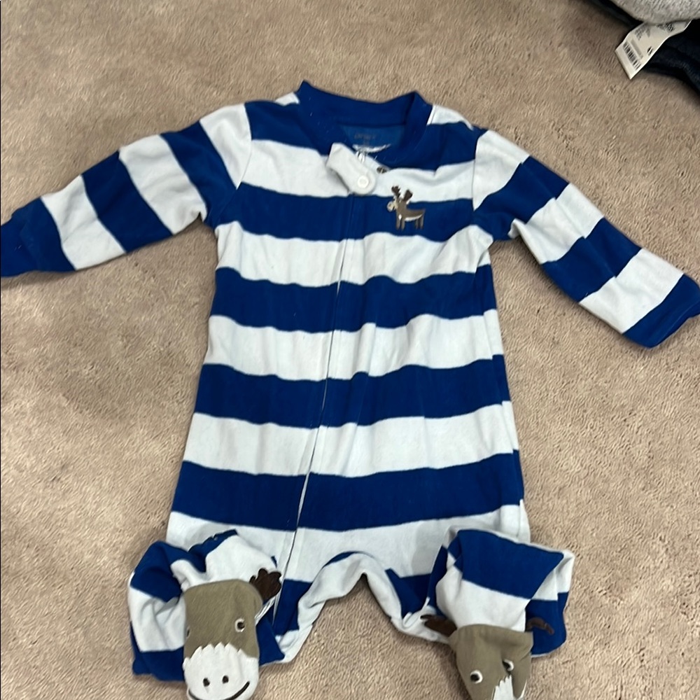 Blue and White Striped Footie One Piece with Zipper